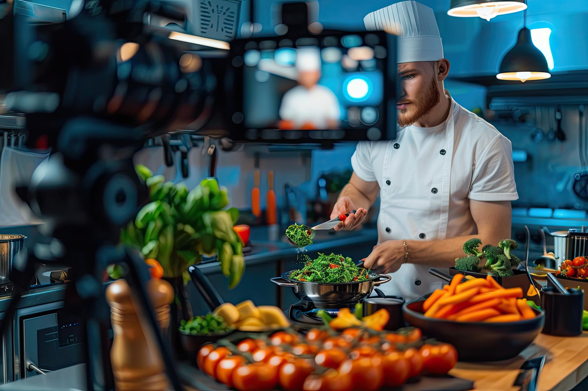 Chef in cucina che insegna durante una lezione online